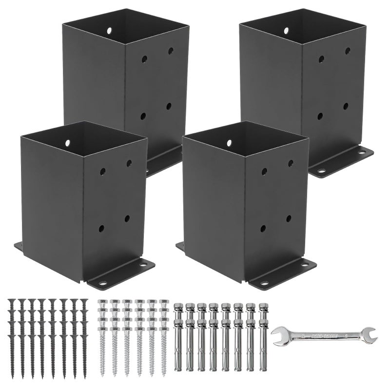 AXWHYS 4?4 Post Base 4 Pcs  (Inner Size 3.6""x3.6"") Post Brackets  Heavy Duty Black Metal Powder-Coated Thick Steel Post Anchor Outdoor for Support Deck Base Plate Pergola Brackets Fence Kit - Image 1